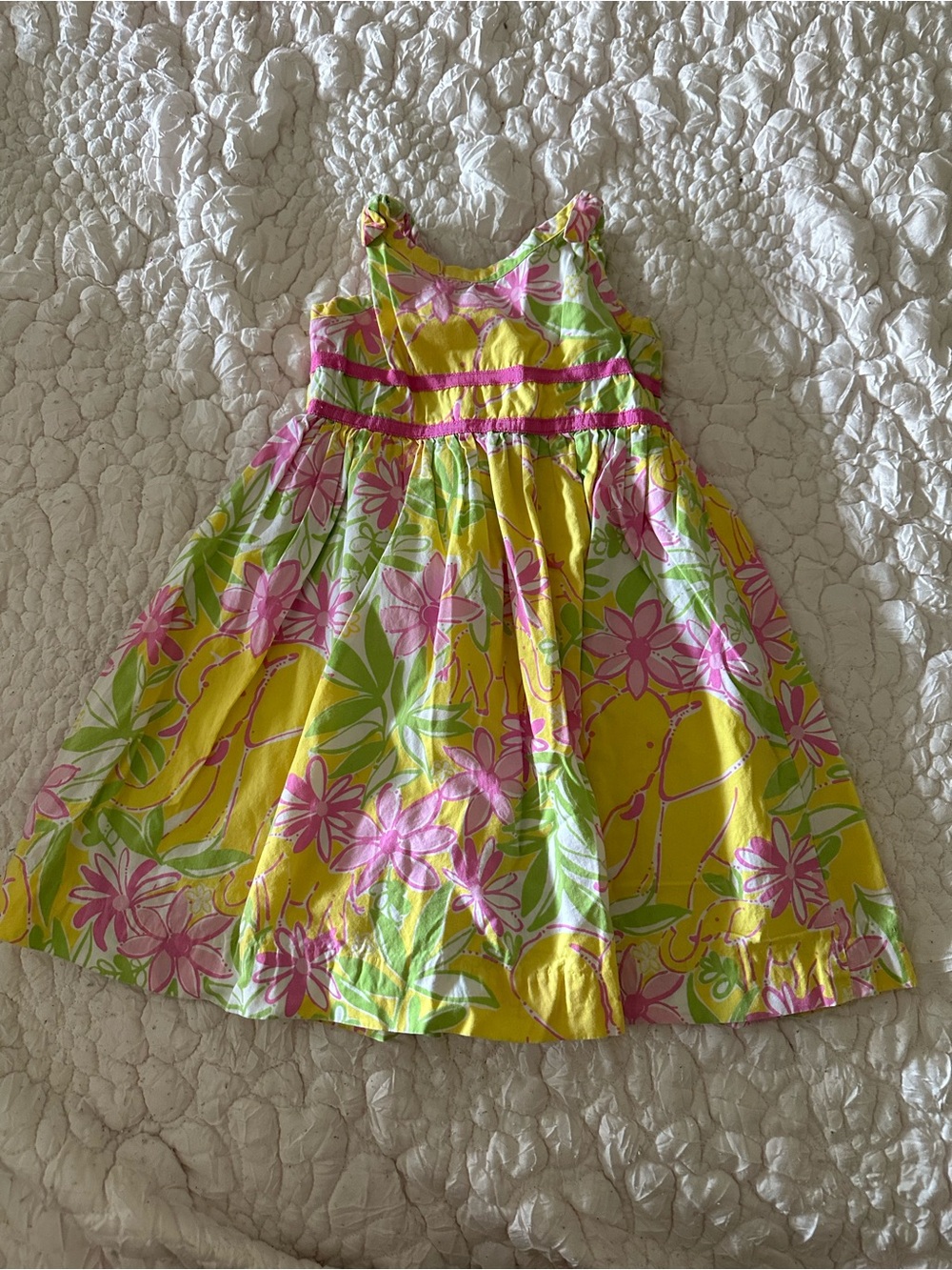 Lilly Pulitzer Yellow Elephant Floral Sundress with Pink and Green Print